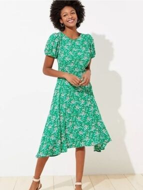 Loft Puff Sleeves Fit And Flare Midi Dress